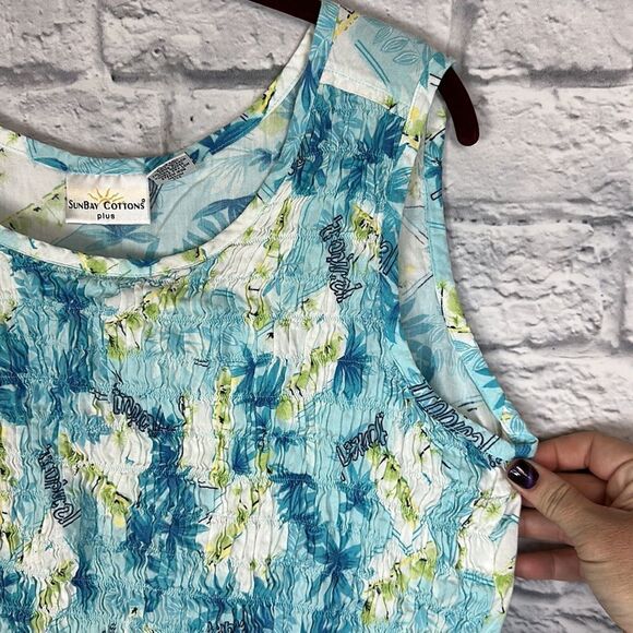 Sunbay Cottons Tropical Peasant Ruched Blue and Green Top 1X Sleeveless Tank - Picture 3 of 5